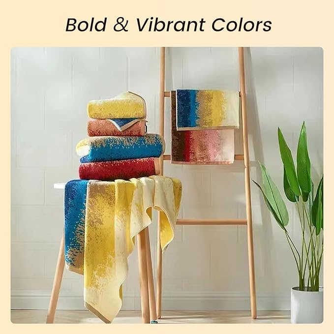 SEMAXE Colorful Bath Towel Set, 100% Cotton Bathroom Towels with Hanging Loops, Soft & Absorbent, 8 Piece Towel Set Include 2 Bath Towels, 2 Hand Towels, 4 Washcloths, Yellow | Brown | Blue