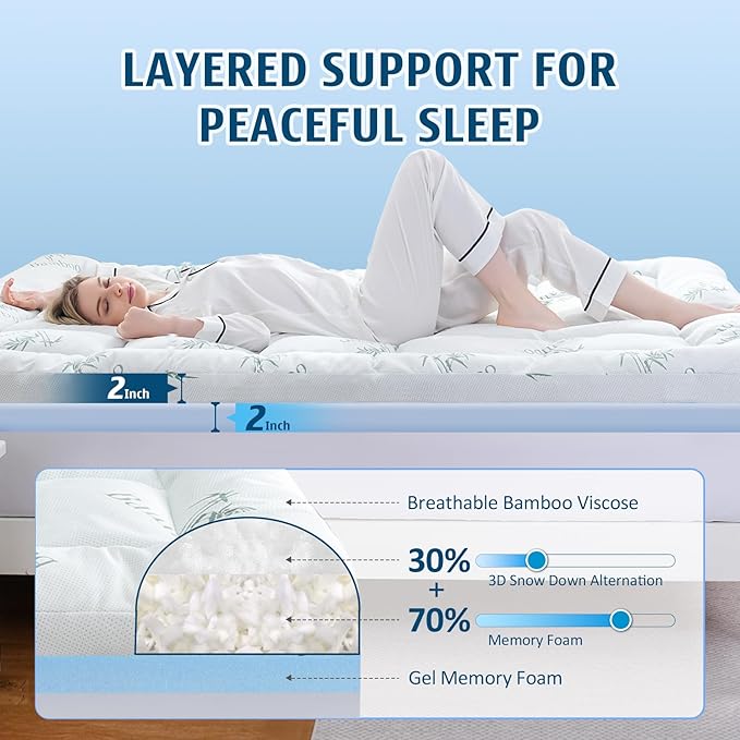 DOWNCOOL Dual Layer 4 Inch Memory Foam Mattress Topper Queen - 2 Inch Gel Memory Foam & 2 Inch Cooling Pillow Top Mattress Pad for Back Pain Relief, Soft Bamboo Viscose Air Layer Cover