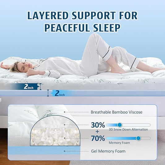 DOWNCOOL Dual Layer 4 Inch Memory Foam Mattress Topper Queen - 2 Inch Gel Memory Foam & 2 Inch Cooling Pillow Top Mattress Pad for Back Pain Relief, Soft Bamboo Viscose Air Layer Cover
