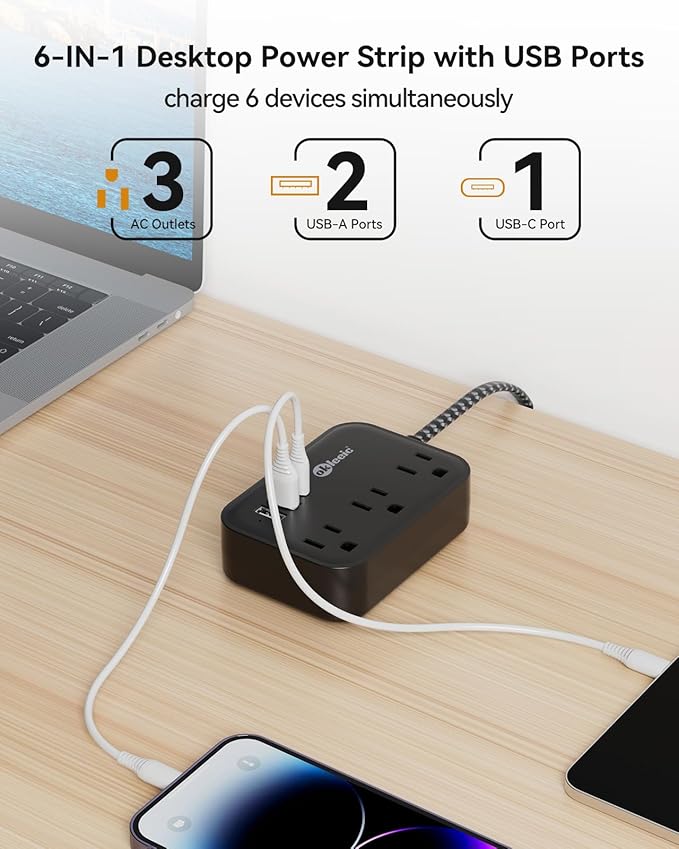 Flat Plug Power Strip with USB C Ports, Black Extension Cord 5FT with 3 AC Outlets 3 USB, Short Extension Cord Outlet Extender with No Surge Protector for Cruise Ship, Dorm Room Travel Essentials