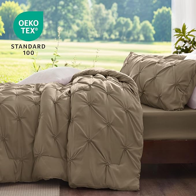 BEDELITE Light Brown King Size Comforter Set - 3 Pieces Boho Pintuck Bedding Comforter Sets, Lightweight Soft & Warm King Bedding Set with 2 Pillowcases for All Season
