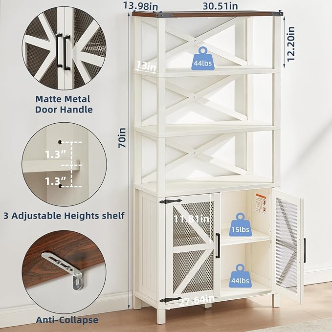 5 Tier Bookshelf 70" Tall Bookcase with Barn Doors,Large Farmhouse Display Book Shelf with Adjustable Shelves and Storage Cabinet，Library Wood Bookshelves for Living Room,Kitchen,Rustic White