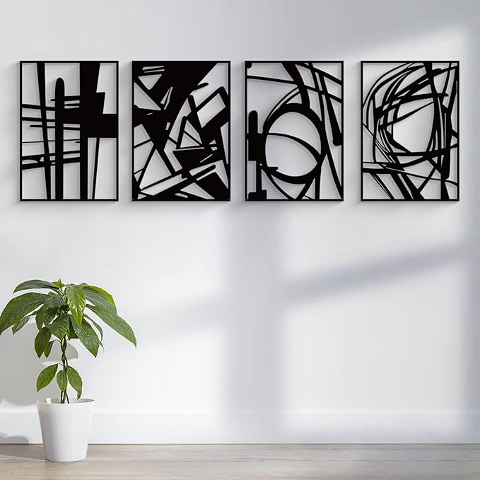 Glamativity Large 4 Pack Black Abstract Metal Wall Art, Minimalist Décor Single Line Art Wall Décor, 3D Textured Metal Wall Sculptures, for Living Room Bedroom Bathroom Study Room (Black, L Size 22.5