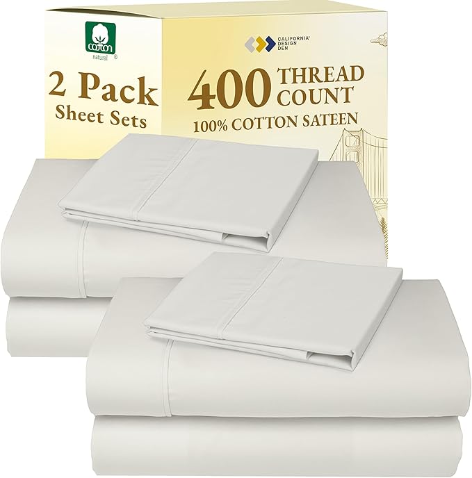 California Design Den 2-Pack Twin XL Sheet Set - 400 Thread Count Sateen 100% Cotton Twin XL Sheet Sets - Soft, Breathable Sheets, 2 Sets of Deep Pocket Bed Sheets - Ivory (Pale Tone)