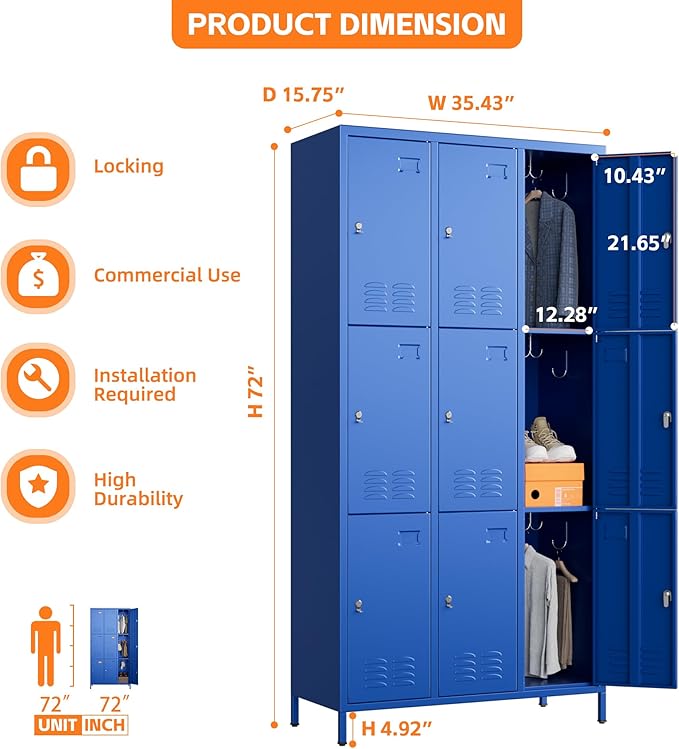 Aobabo New 9 Doors Metal Storage Locker for Employees, Lockable Steel Locker with Name Card Slot and 27 Hooks for School Office Gym Garage, Blue, Assembly Required