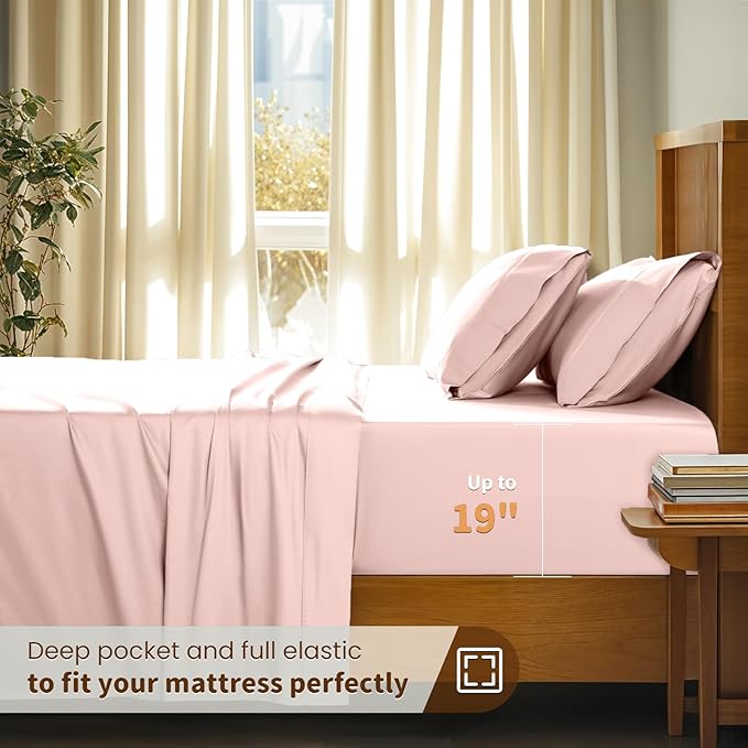 LBRO2M 100% Cotton Sheets Set Deep Pocket 19", 1000 Thread Count King Size 4 Piece Bed Sheet Sets Soft Comfortable Bedding All Season (King, Pink)