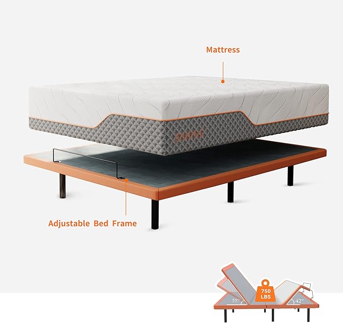ESHINE Adjustable Bed Frame + Memory Foam Hybrid 14 Inch Mattress(Medium Soft), Bluetooth App Control, 5 Minutes Installation, Head and Foot Incline, King, 2000 Series