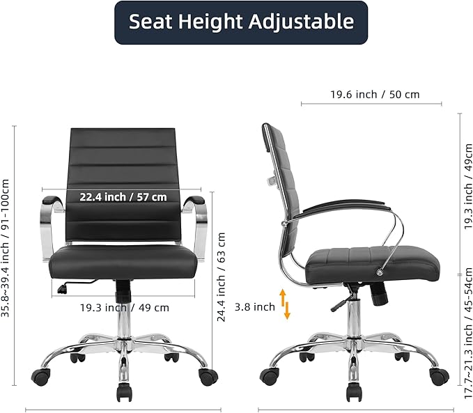 LANDSUN Home Office Chair Mid Back Desk Chair PU Leather Ribbed Executive Swivel Computer Chair with Wheels and Armrests Soft Padded Adjustable Height Conference Task Black