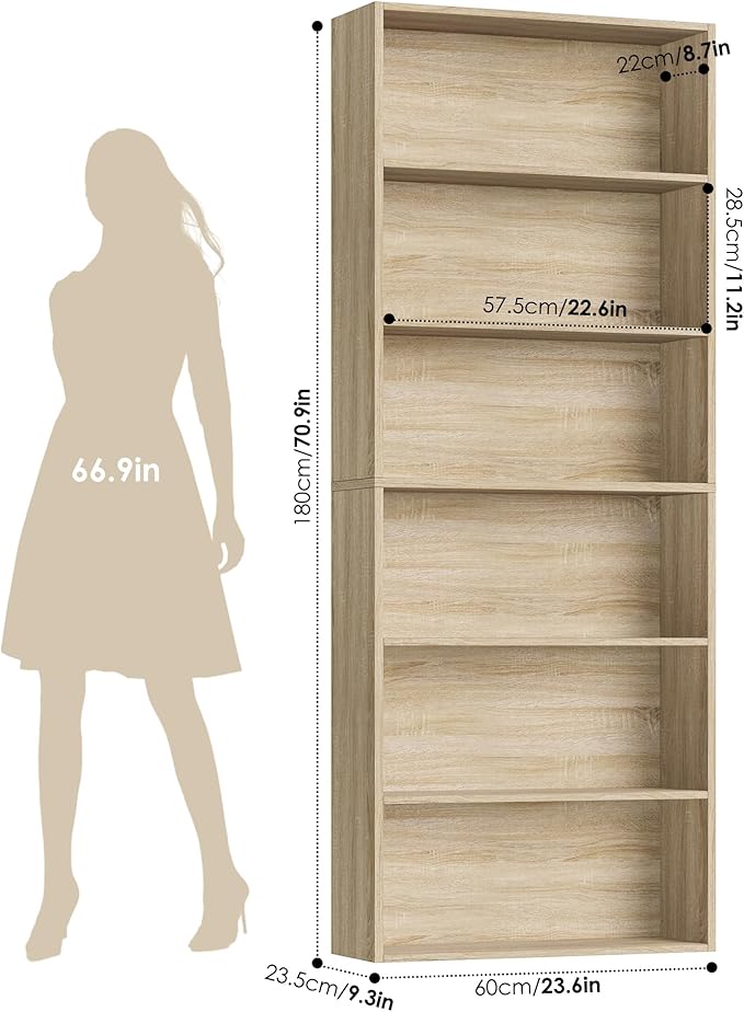FOTOSOK 6-Tier Open Bookcase and Bookshelf, Freestanding Display Storage Shelves Tall Bookshelf Bookcase for Bedroom, Living Room and Office, Light Oak