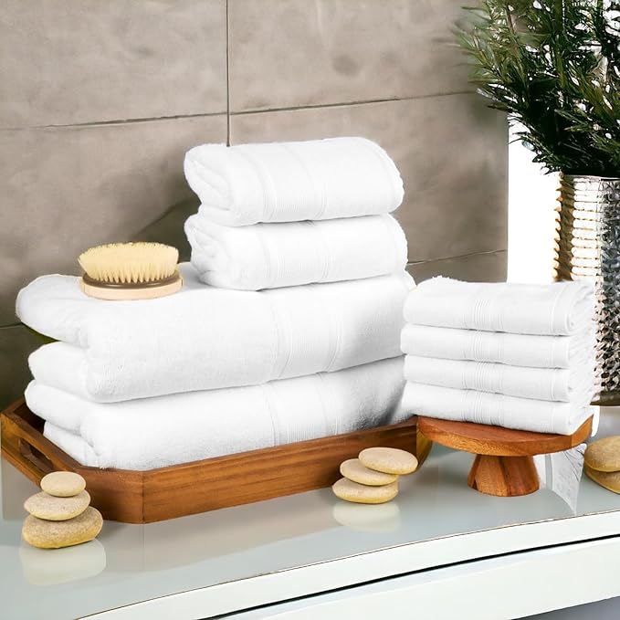 Luzia 8 Piece Bathroom Towel Set - 100% Turkish Cotton, Premium Quality - 2 Bath Towels 2 Hand Towels and 4 Washcloths (White)