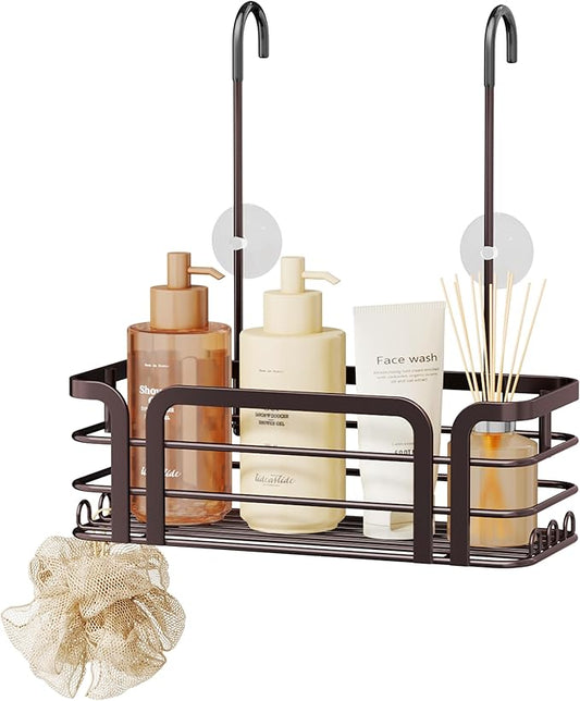 SWTYMIKI Shower Caddy Hanging Organizer - Over the Door Shower Caddy with 6 Hooks, 2 Installation Ways, Stainless Steel Rustproof Bathroom Organizer, Bronze