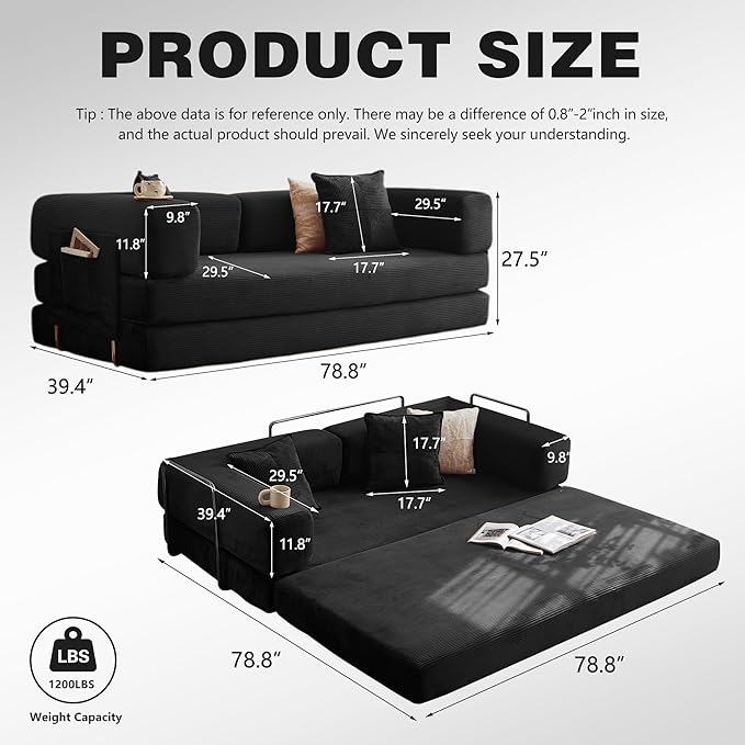 78.8" Convertible Sofa Bed - Compression Sofa with Corduroy Fabric - with Armrests and Backrest - Modular Sectional for Living Room, Bedroom, Studio - Compression Sofa in Box (Black)