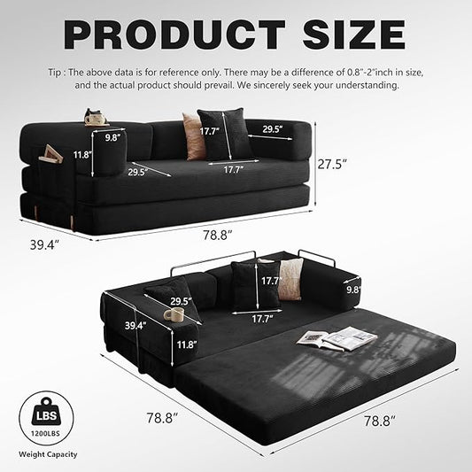 78.8" Convertible Sofa Bed - Compression Sofa with Corduroy Fabric - with Armrests and Backrest - Modular Sectional for Living Room, Bedroom, Studio - Compression Sofa in Box (Black)