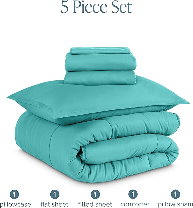 Bare Home Bed-in-A-Bag 5 Piece Comforter & Sheet Set - Twin XL - Goose Down Alternative - Ultra-Soft 1800 Premium Bed Set (Twin XL, Turquoise/Turquoise)