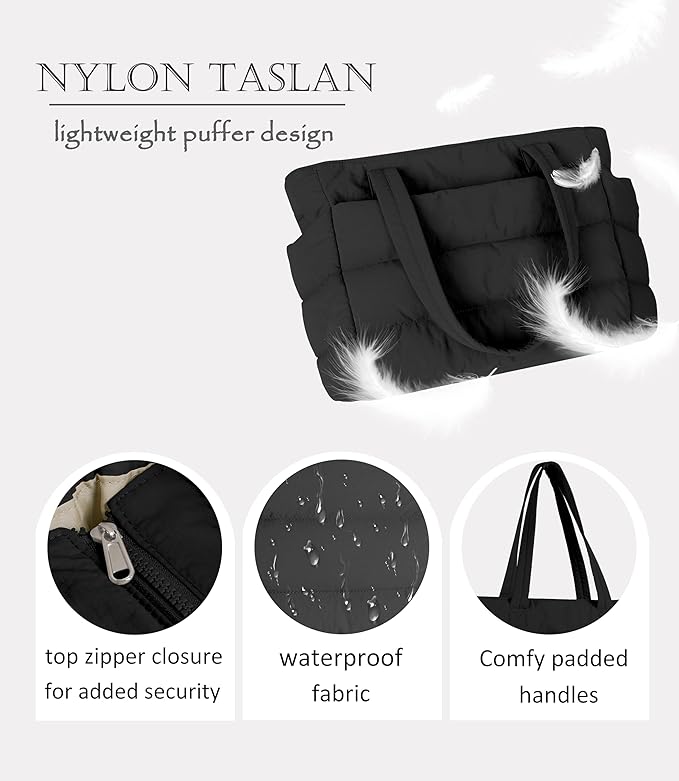 Puffer Tote Bag for Women, Cute Quilted Carryall with Zippered Compartments Shoulder Bag Handbag for Work, Travel, Gym