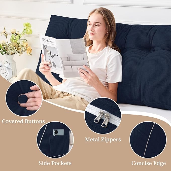 Sasttie Headboard Pillow Twin/Twin XL, Wedge Pillow Headboard for Dorm, Triangular Daybed Backrest Cushion for Sitting or Reading in Bed, with Removable Washable Cover, Navy