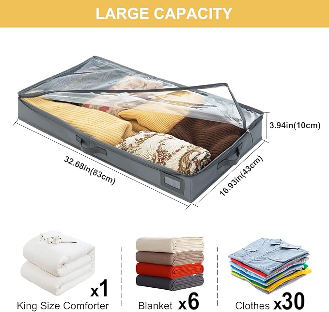 4-Inch Under Bed Storage Containers (2-Pack) | Sturdy Sidewalls | Clear Cover & Label Holder | Foldable Fabric Closet Bin Organizer | Stores Clothing/Blankets/Sweaters/Sheets