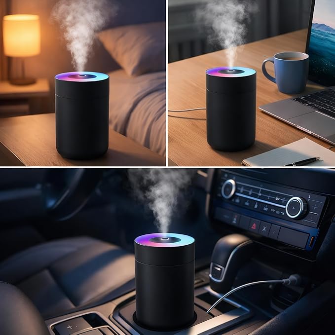 230ML Humidifier for Bedroom, Air Humidifier for Home, Plant Humidifiers Indoor Small with LED Colorful Gradient Light, USB Powered for Desk, Car, Travel, Hotel Room (Black)