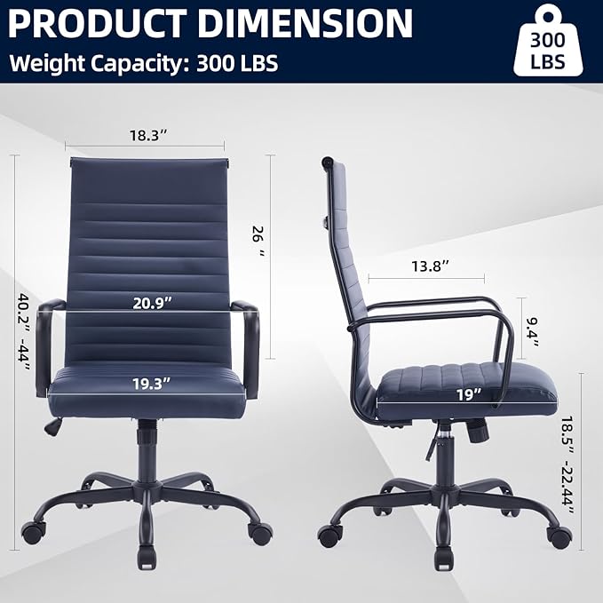 Office Chair, Ergonomic Executive Conference Room Chairs, Ribbed Leather Desk Chair with Lumbar Support, Adjustable Height Mid-Back Swivel Chair with Padded Seat