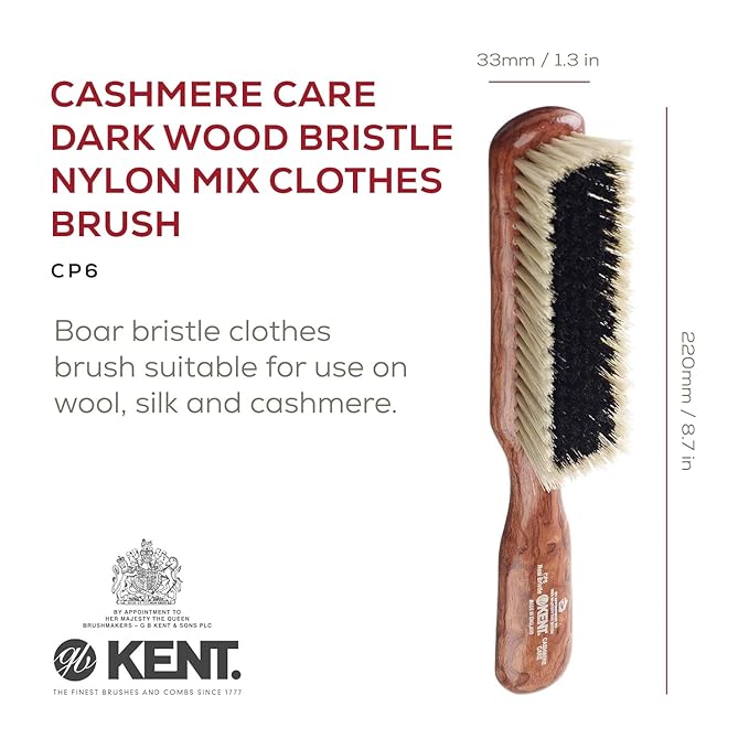 Kent CP6 Clothes Brush. 100% Natural Black & White Boar Bristle Lint Remover Especially for Cashmere, Wool and Silk for Keeping Delicate Fabrics Free from Fibres, Fluff and Pet Hair. Made in England