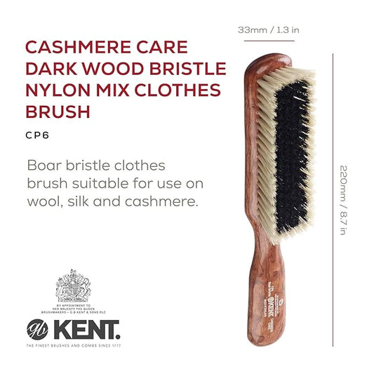 Kent CP6 Clothes Brush. 100% Natural Black & White Boar Bristle Lint Remover Especially for Cashmere, Wool and Silk for Keeping Delicate Fabrics Free from Fibres, Fluff and Pet Hair. Made in England