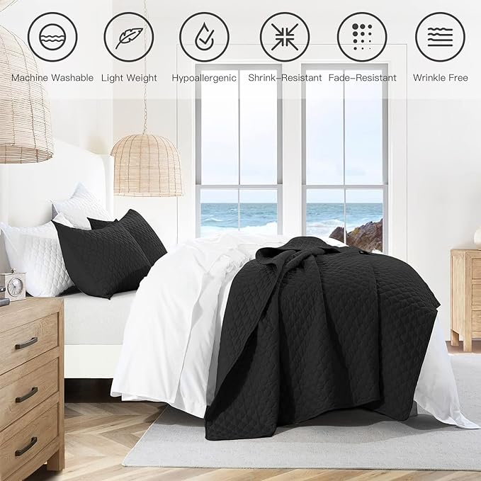 HORIMOTE HOME Quilt Set Twin Size, Black Bedspread with Clouds Pattern, Soft Coverlet Set Lightweight Microfiber Quilted Bedspread for All Season, Includes 1 Quilt and 1 Pillow Sham