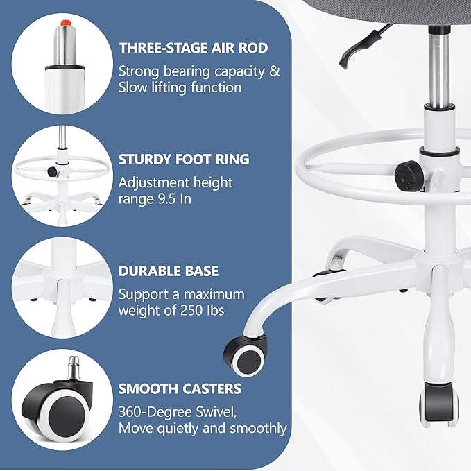 Primy Armless Tall Desk Chair, Adjustable Height and Footring, Mid-Back Ergonomic Standing Desk Chair Mesh Rolling Tall Chair for Art Room, Office or Home (Gray)