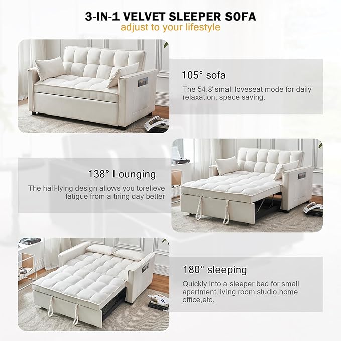 Futon Sofa Bed, 3 in 1 Sleeper Sofa Couch Bed with Armrests, Storage Pockets and 2 Pillows, Adjustable Backrest, Sofa Bed Couch for Living Room, Bedroom, Office,Reading Room(Beige)