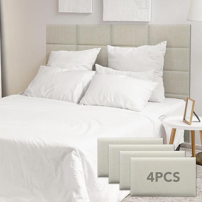 4 Piece Linen Fabric Peel and Stick Headboard, Upholstered Wall Mounted Headboard for Twin, 3D Anti-Collision Soundproof Self-Adhesive Wall Panel for Bedroom 16.53" x 9.84"