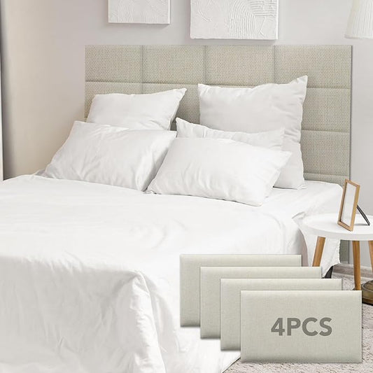 4 Piece Linen Fabric Peel and Stick Headboard, Upholstered Wall Mounted Headboard for Twin, 3D Anti-Collision Soundproof Self-Adhesive Wall Panel for Bedroom 16.53" x 9.84"