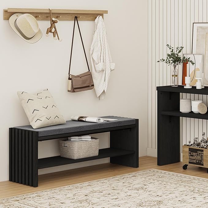 BON AUGURE Storage Bench, Entryway Bench with Shoes Storage, Wooden Benches with Seat Cushion, Shoe Rack Benches for Entry, Entrance, Front Door (Black Oak, 40 Inch Wide)
