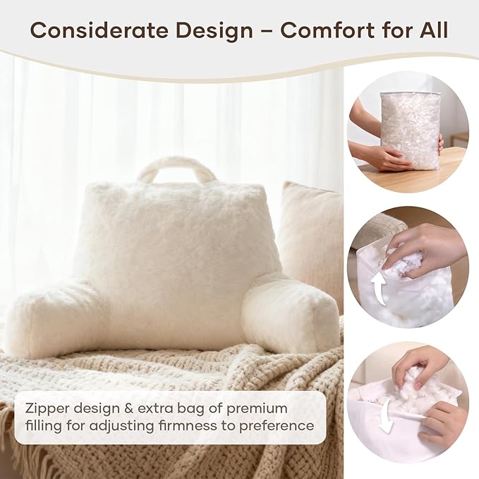 NOONTIDE Reading Pillow for Adults Sitting in Bed:Large Back Pillow with Detachable Neck Roll and Individual Cushion，Cover Washable Sit up Pillow,Watching TV/Gaming/Relaxing(FurryWhite)