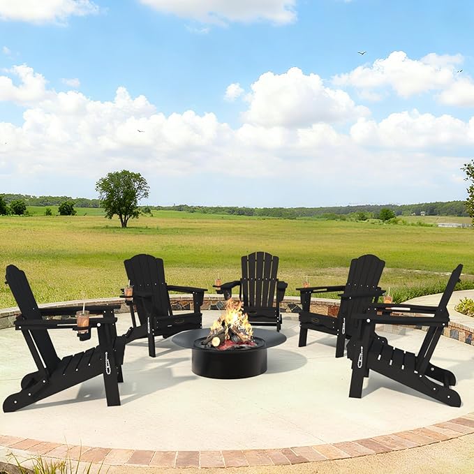 Adirondack Chair Set of 4, Folding All-Weather Outdoor HDPE Patio Chair with Cup Holder, Black