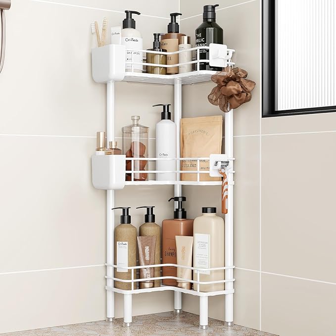 Orimade Rustproof 3 Tier Floor Standing Corner Shower Caddy Organizer with Toothbrush Holder, Large Spacing Floor Shower Shelf Rack Storage Stands with Hooks for Bathroom Kitchen, White