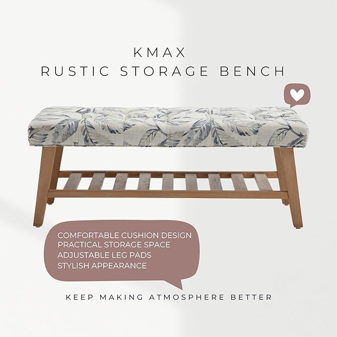 Kmax Entryway Bench with Shoe Storage, Upholstered Wood Storage Bench for Living Room Window Bench with Storage for Bedroom End of Bed - Linen, Floral Pattern
