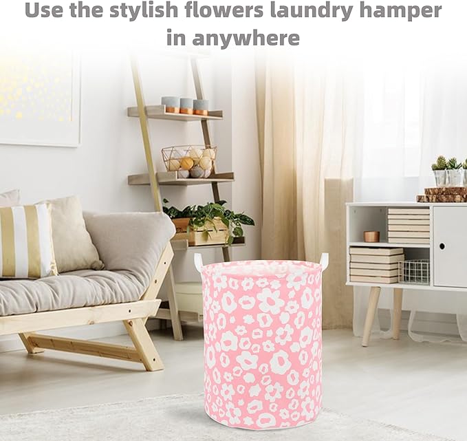 Foldable Baby Laundry Basket Hamper for Nursery Girl kids Clothes laundry hamper basket Portable Tall Collapsible Cute Laundry Basket Organizer, Nursery Storage Basket with Handles (Pink Flowers)