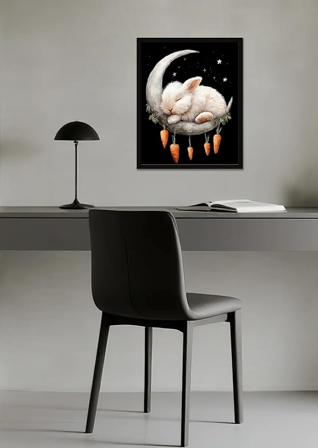 Funny Animal Black And White Wall Art Print Rabbit On The Moon Cute Poster Canvas Art Wall Decor Picture For Bedroom Dorm living room Bathroom Wall Decor Aesthetic Home Artwork 16" × 20" With Framed