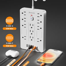 Surge Protector Power Strip - 11 Outlets(1850W/15A) with 6 USB Ports(2 USB C), 10FT Flat Plug Extension Cord, Wall Mount, White, ETL Listed for Home, Dorm Room