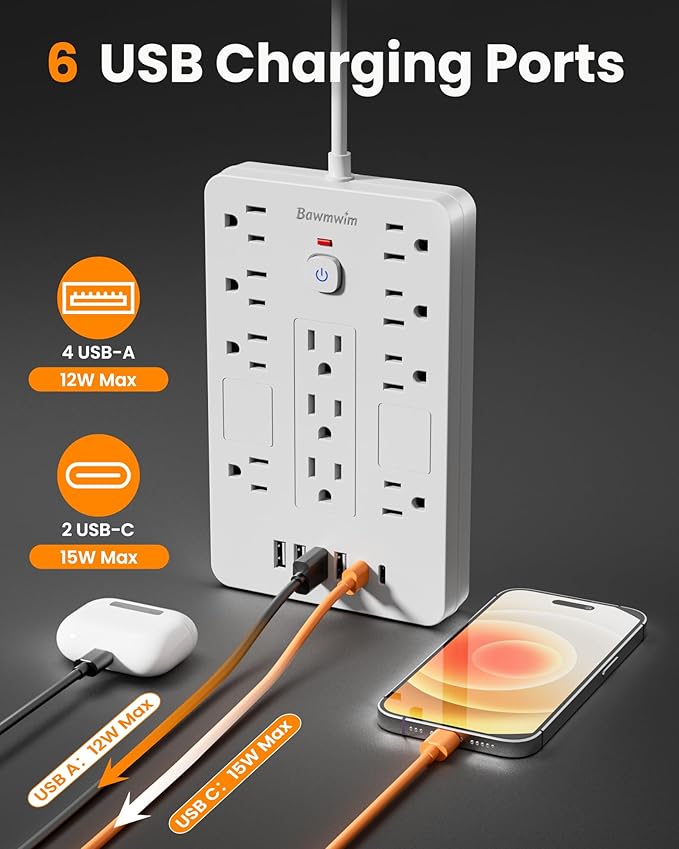 Surge Protector Power Strip - 11 Outlets(1850W/15A) with 6 USB Ports(2 USB C), 10FT Flat Plug Extension Cord, Wall Mount, White, ETL Listed for Home, Dorm Room