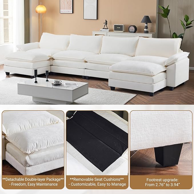 VINGLI 157" Cloud White/Cream Convertible Sectional Sofa, Comfy U-Shape Extra Deep Seat Sofa Couch for Living Room,Modern Chenille 4-Seat Convertible Sofa with 2 Movable Ottomans for Small Space