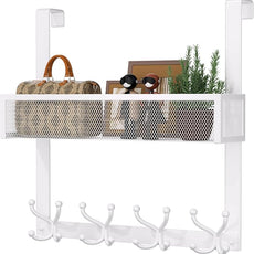 Consumest Over The Door Hooks Organizer - Door Hanger with Mesh Basket & 16 Coat Rack Hooks, Back Storage Organizer for Bedroom, Bathroom, Kitchen, Office, White