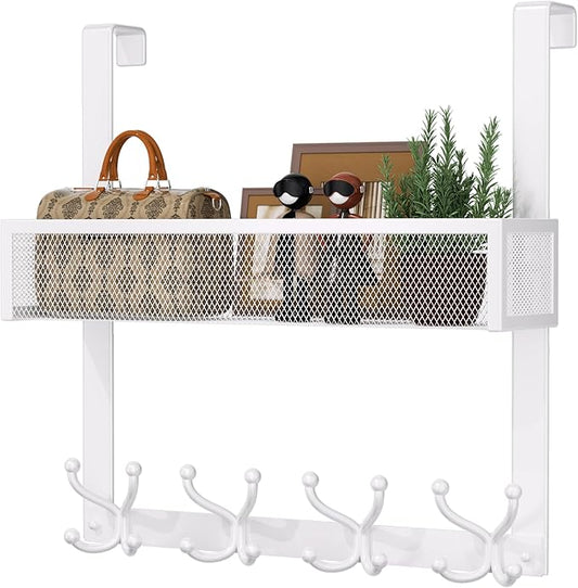 Consumest Over The Door Hooks Organizer - Door Hanger with Mesh Basket & 16 Coat Rack Hooks, Back Storage Organizer for Bedroom, Bathroom, Kitchen, Office, White