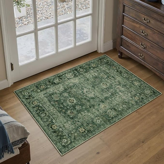 2x3 Washable Area Rug for Entryway Green Vintage Non-Slip Low Pile Distressed Rustic Carpet Lightweight Vacuumable Inoor Door Mat Soft Small Throw Rug for Entrance Bathroom