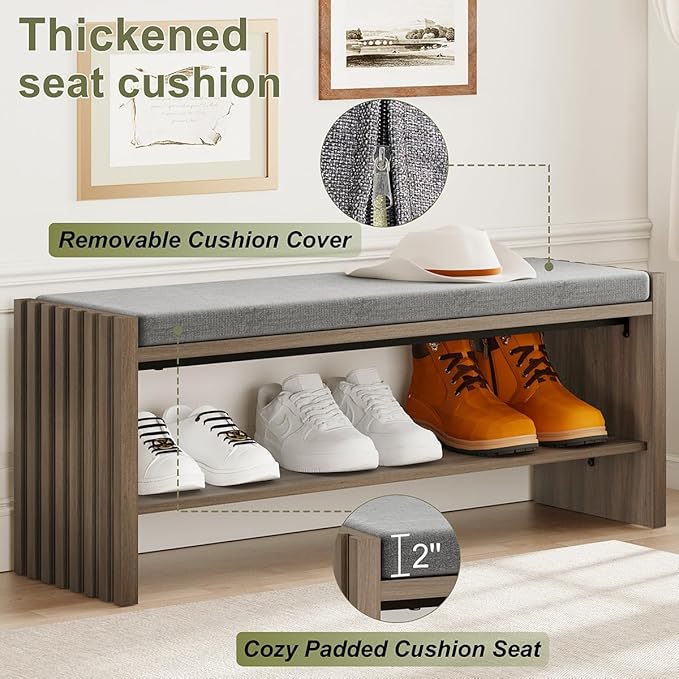 BON AUGURE Shoe Storage Bench Bedroom, Entryway Bench with Cushion, Ottoman Benches for Living Room Hallway Entry (Greige Oak, 40 Inch Wide)