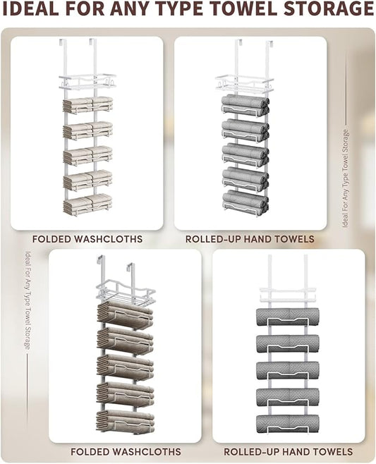 Hanging Towel Racks for Bathroom No Drill - Over The Door 6-Tier Bath Towel Storage Organizer for Small Bathrooms - Back Door Large Tiered Towel Holder Hanger for Rolled Towels RV Camper White