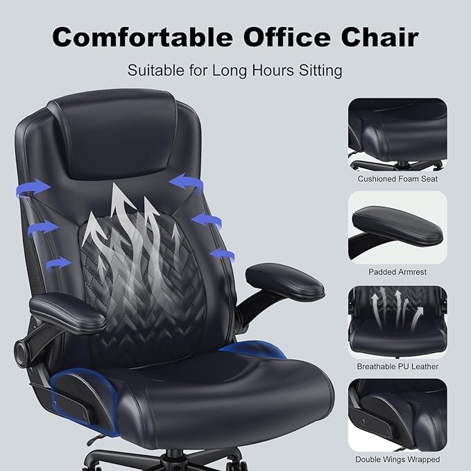 Ergonomic Executive Office Chair for Big & Tall - 500lbs Capacity with Lumbar Support & Flip-Up Armrests, Heavy Duty PU Leather Computer Desk Chair, Black