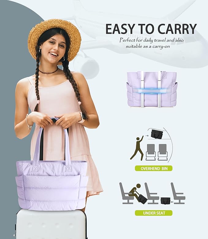 Puffer Tote Bag for Women, Cute Quilted Carryall with Zippered Compartments Shoulder Bag Handbag for Work, Travel, Gym