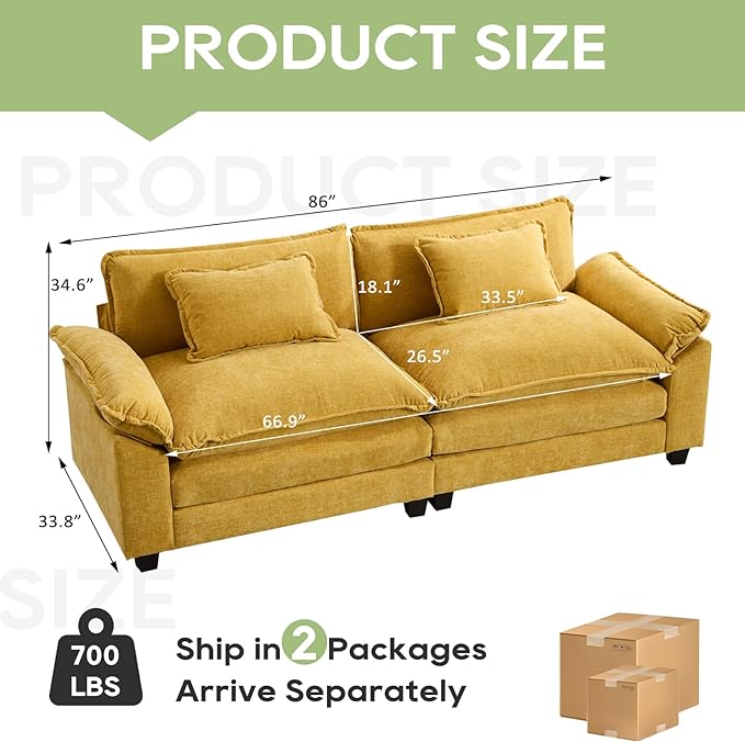 86" Modular Sectional Sofa, Comfy Cloud Couch Sectional Sofa, Chenille Sofa Sleeper Deep Seat Sofa with Throw Pillows for Living Room (Yellow, 86"- Loveseat)