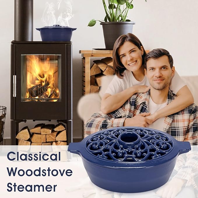 INNO STAGE Wood Stove Steamer, Cast Iron Humidifier for Stove, Home Indoor Decorative, Blue Finish, Rust Resistant, Lattice Top, 2.5 Quart Capacity, Patented