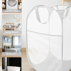 Durable Collapsible Laundry Baskets, Reinforced Mesh Pop Up Laundry Hamper, Foldable Clothes Hampers with Carry Handles for Laundry, Bathroom, Kids Room, Dorm or Travel White